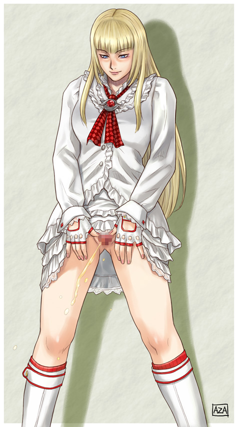 azasuke, emilie de rochefort, tekken, 1girl, ascot, blonde hair, blue eyes, boots, breasts, censored, clothes lift, dress, dress lift, female focus, fingerless gloves, gloves, knee boots, kneeling, large breasts, long hair, long sleeves, looking down, no panties, pee, peeing, pussy, red ascot, red socks, shirt, skirt, skirt lift, smile, socks, solo, spread pussy, standing, white boots, white dress, white gloves, white shirt