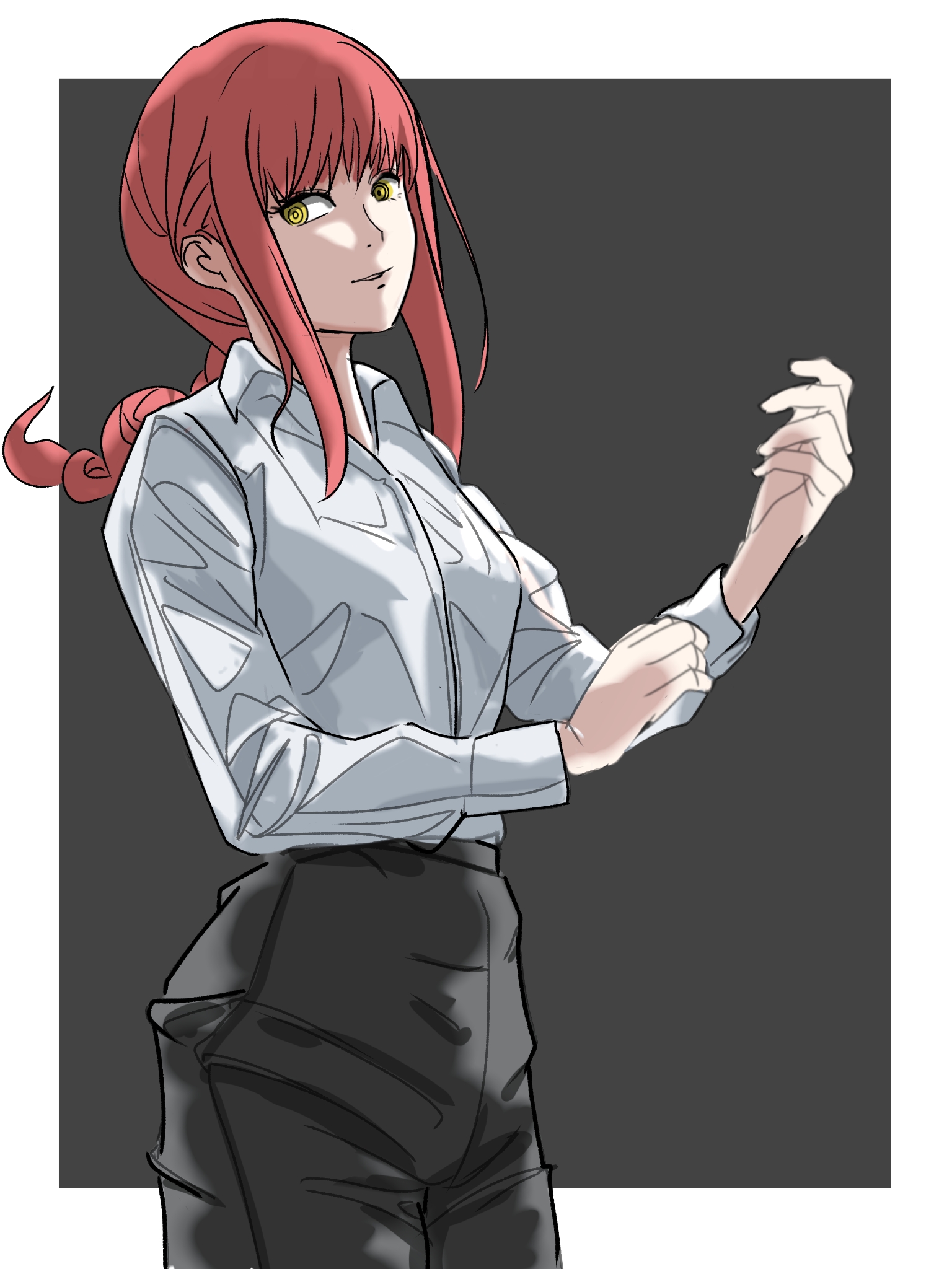 na (ganatganatganat), makima (chainsaw man), chainsaw man, highres, 1girl, black pants, braid, braided ponytail, collared shirt, long hair, pants, parted lips, red hair, ringed eyes, shirt, shirt tucked in, sidelocks, solo, white shirt, yellow eyes
