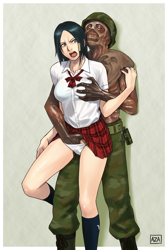 azasuke, alicia (bullet witch), aq interactive, bullet witch, cavia, 1boy, 1girl, black eyes, black hair, breasts, clothes lift, explosive, fingering, grabbing another's breast, grenade, groping, hand in panties, helmet, hetero, kneehighs, large breasts, molestation, monster, open mouth, panties, school uniform, serafuku, skirt, skirt lift, socks, soldier, underwear, upskirt, you gonna get raped, zombie