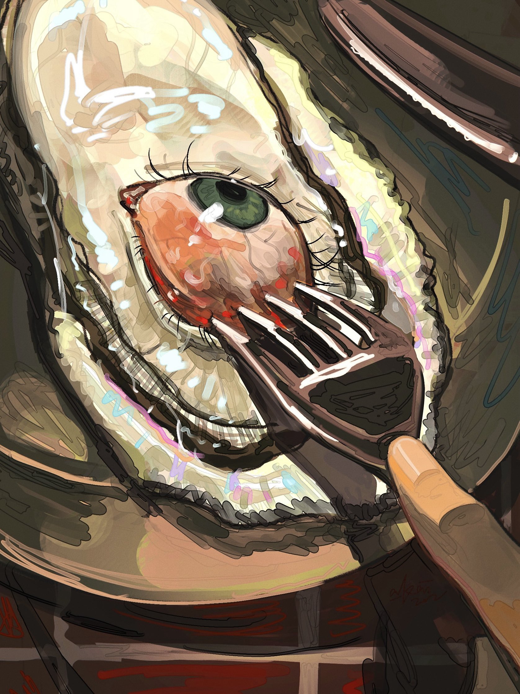 a-kai202, original, highres, eyeball, fork, grey eyes, knife, no humans, oyster, plate