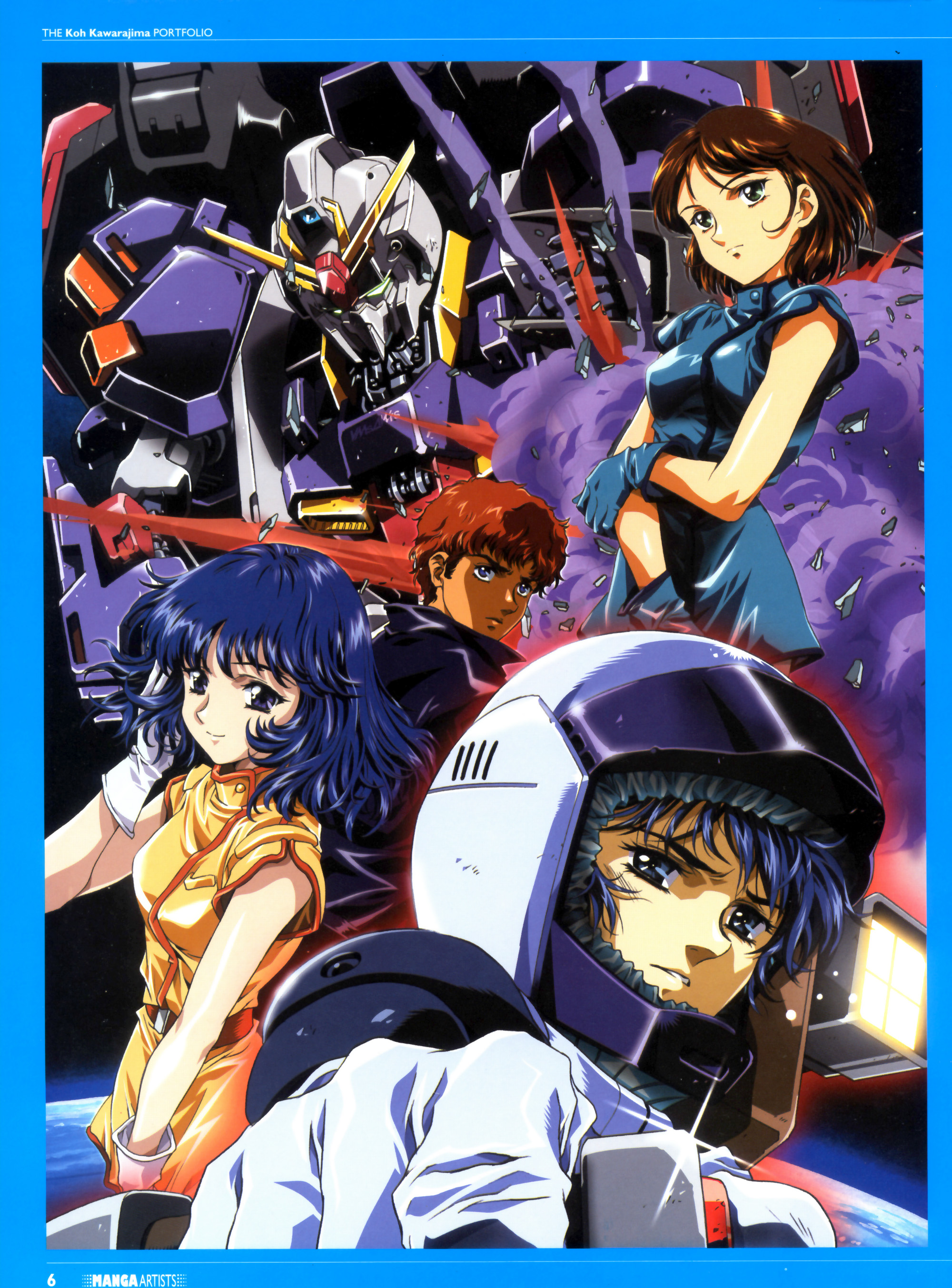 kawarajima kou, amuro ray, emma sheen, fa yuiry, kamille bidan, zeta gundam (mobile suit), gundam, zeta gundam, 1980s (style), absurdres, highres, 2boys, 2girls, mecha, mecha pilot suit, multiple boys, multiple girls, normal suit (gundam), oldschool, retro artstyle, robot