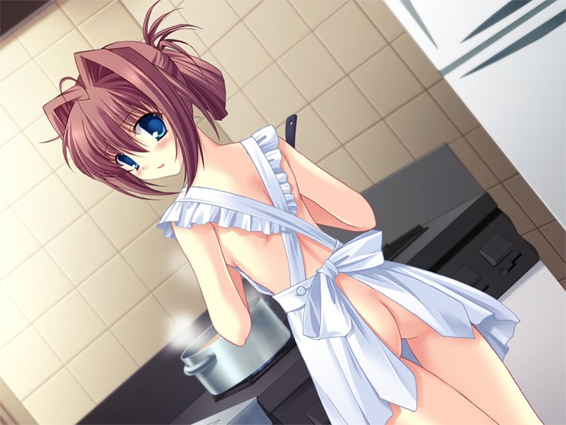 kayura yuka, asakura otome, da capo, da capo ii, game cg, 00s, 1girl, apron, ass, blue eyes, blush, brown hair, cooking, dutch angle, female focus, naked apron, no bra, solo