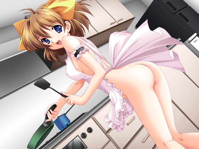 kazuma muramasa, niwa takami, hadaka apron gakuen, game cg, 1girl, :d, antenna hair, apron, arched back, arm garter, ass, back, blue eyes, blush, bow, breasts, brown hair, cooking, cooking pot, dutch angle, female focus, fire, frills, frying pan, groin, hair between eyes, hair bow, indoors, kitchen, kitchen hood, kneepits, legs, looking at viewer, looking back, naked apron, no bra, no panties, open mouth, profile, short hair, sideboob, small breasts, smile, solo, spatula, standing, stove