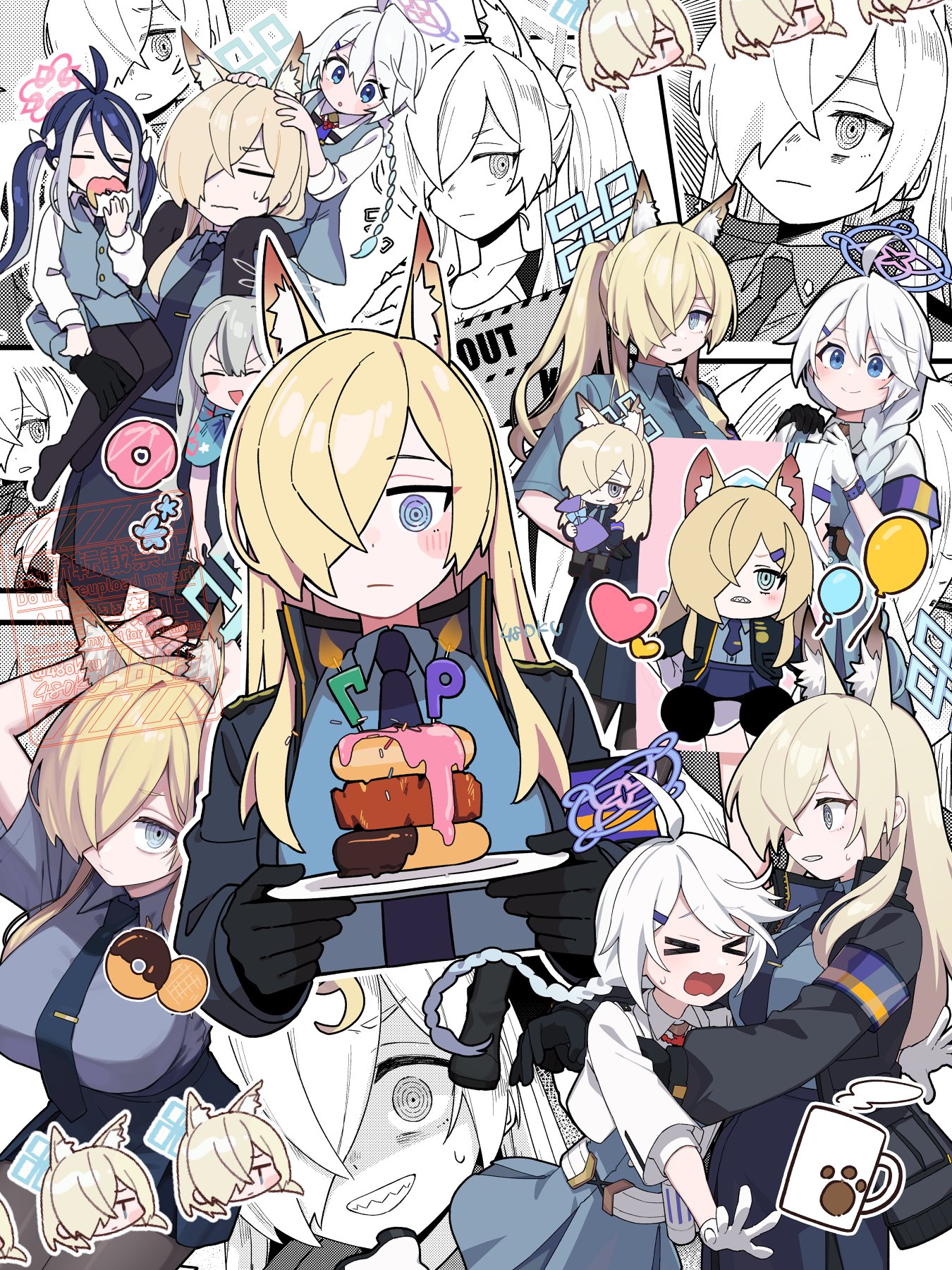 48okku, fubuki (blue archive), kanna (blue archive), kanna (swimsuit) (blue archive), konoka (blue archive), blue archive, highres, 4girls, @ @, animal ears, black gloves, blonde hair, blue hair, blue necktie, blue shirt, breasts, cup, dog ears, dog girl, donut, eating, food, gloves, halo, hands on another's head, happy birthday, holding, holding donut, holding food, jacket, long hair, multiple girls, necktie, open clothes, open jacket, print cup, sharp teeth, shirt, smile, teeth, white hair