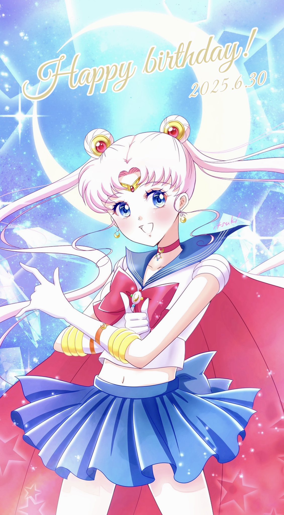 shiiba itsuki, tsukino usagi, bishoujo senshi sailor moon, highres, blue skirt, blush, bow, cape, choker, circlet, collarbone, crescent, crescent choker, crescent earrings, crescent moon, double bun, earrings, gloves, hair bun, hair ornament, jewelry, midriff, moon, navel, parted bangs, pleated skirt, red bow, red cape, red choker, sailor moon (prototype), skirt, smile, transformation brooch (sailor moon), twintails, white gloves, white hair