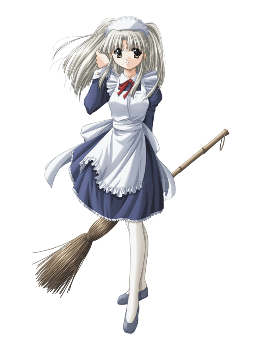 yamamoto kazue, mylene trantoul, ebenbourg no kaze, wind of ebenbourg, silver hair, highres, 00s, 1girl, adjusting hair, apron, blonde hair, broom, brown eyes, dress, female focus, maid, maid apron, pantyhose, solo, white pantyhose, yellow eyes