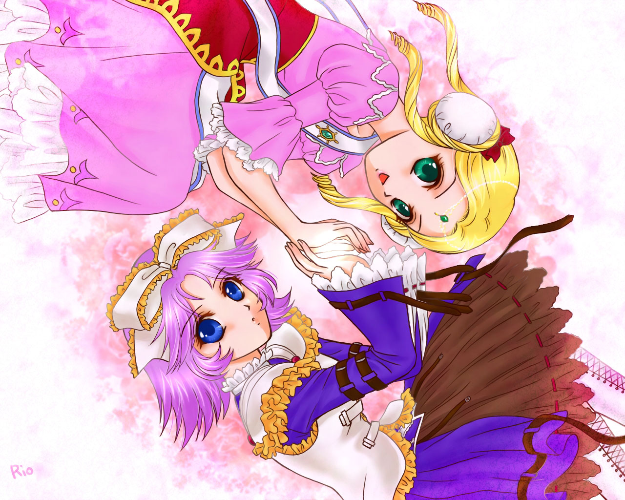 latune subbota, shine hausen, banpresto, super robot wars, super robot wars original generation, blonde hair, purple hair, ribbon, skirt