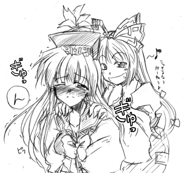 takana shinno, fujiwara no mokou, kamishirasawa keine, touhou, 2girls, female focus, greyscale, grin, monochrome, multiple girls, sketch, smile, split mouth, wince, yuri
