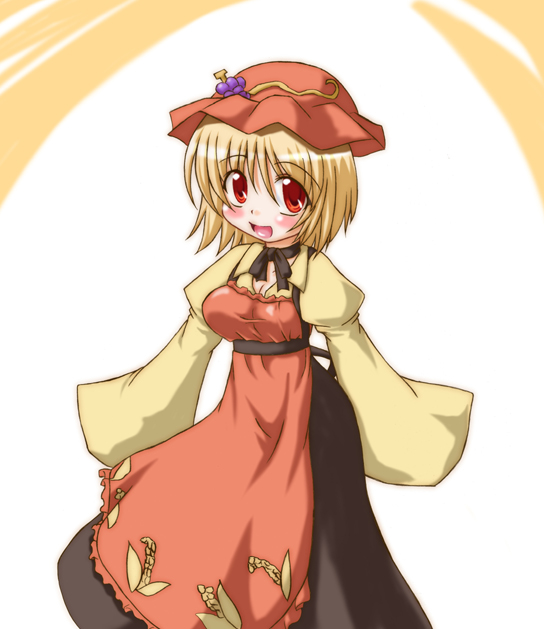 inasaki shirau, aki minoriko, touhou, 1girl, blonde hair, blush, female focus, food, fruit, grapes, hat, long sleeves, looking at viewer, open mouth, red eyes, short hair, simple background, skirt, sleeves past wrists, solo, white background, wide sleeves