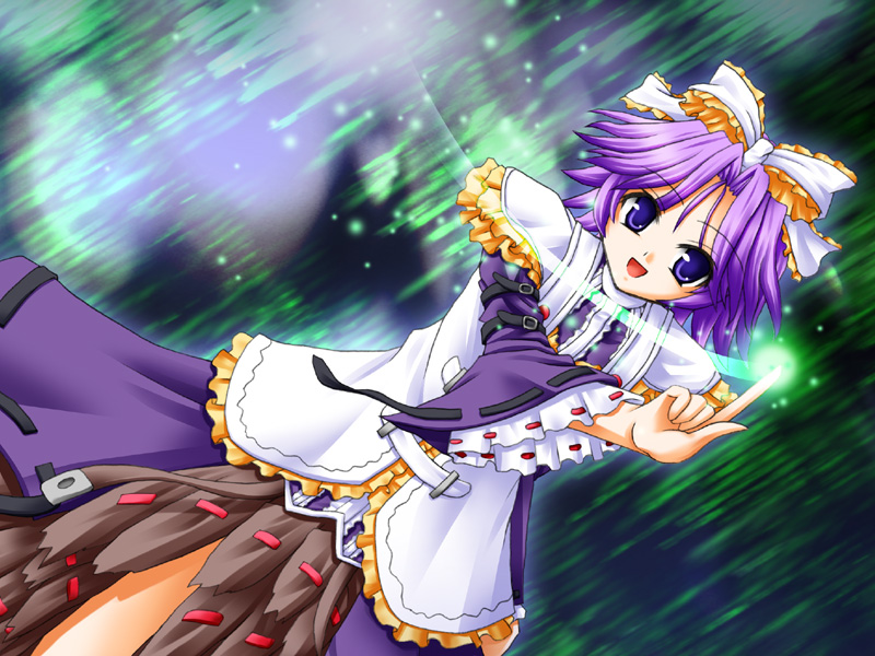 latune subbota, banpresto, super robot wars, super robot wars original generation, 1girl, :d, blue eyes, bow, dress, female focus, frills, hair bow, open mouth, purple hair, short hair, skirt, smile, solo