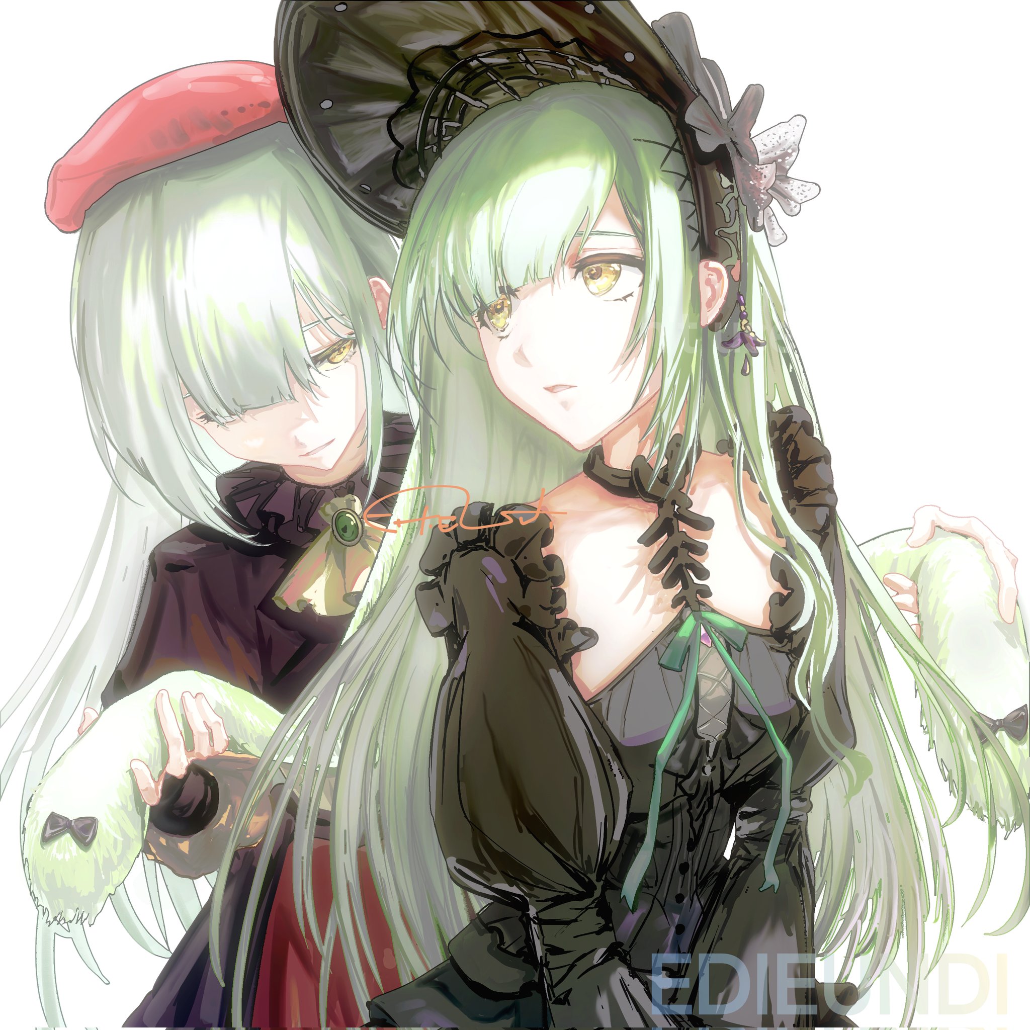 mortis (bang dream!), mortis (costume) (bang dream!), mortis (persona) (bang dream!), wakaba mutsumi, arknights, bang dream!, bang dream! it's mygo!!!!!, highres, 2girls, animal ears, ascot, beret, black bonnet, black capelet, black dress, bonnet, capelet, dress, dual persona, ediun, floppy ears, gothic lolita, green brooch, green hair, hair ornament, hat, holding ears, lolita fashion, long hair, long sleeves, looking at another, looking back, multiple girls, rabbit ears, rabbit girl, red hat, sidelocks, simple background, wakaba mutsumi (marionette's id), white ascot, white background, x hair ornament, yellow eyes