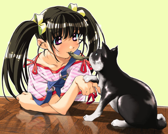 ino (magloid), md5 mismatch, 1girl, cat, female focus, fish, mouth hold, overalls, purple eyes, ribbon, sharing, solo, strap slip, twintails