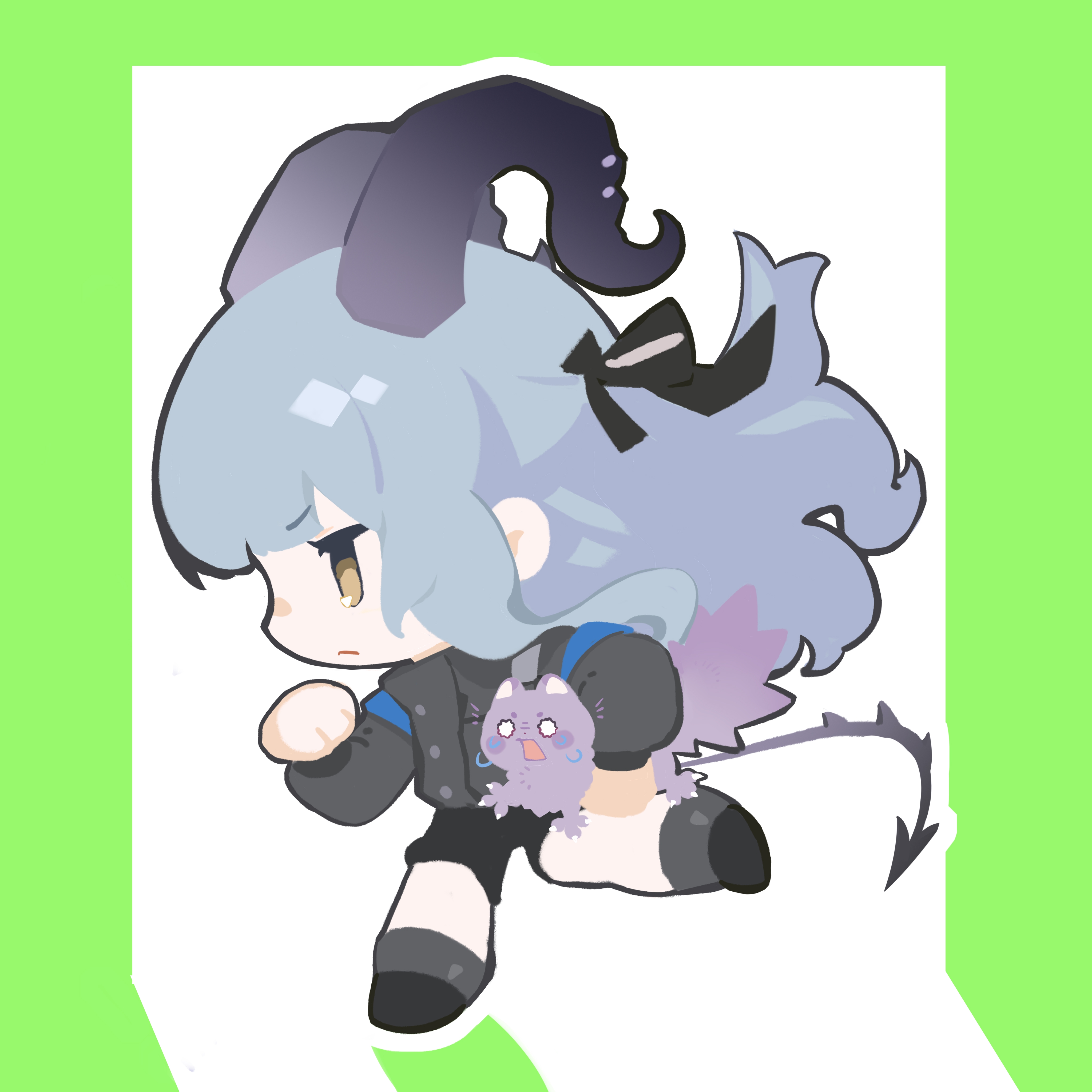 togawa sakiko, yuutenji nyamu, arknights, bang dream!, bang dream! it's mygo!!!!!, absurdres, chinese commentary, commentary request, highres, 1girl, animal, animalization, black horns, black jacket, black ribbon, black shoes, black shorts, black tail, blue hair, cat, chibi, chibi only, closed mouth, curled horns, full body, green background, hair ribbon, holding, holding animal, holding cat, horns, jacket, long hair, long sleeves, profile, ribbon, running, shoes, shorts, sidelocks, surprised, togawa sakiko (master of melodia), xi you yisheng jun, yellow eyes