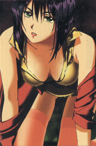 kawamoto toshihiro, faye valentine, cowboy bebop, 1990s (style), 1girl, bare shoulders, breasts, cleavage, female focus, green eyes, large breasts, lipstick, makeup, purple hair, retro artstyle, short hair, solo, thighhighs, wet