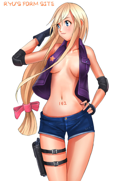 ryu (ryu's form site), 1girl, blonde hair, blouse, blue eyes, breasts, breasts apart, cleavage, cowboy shot, eyebrows hidden by hair, female focus, gun, hand on own hip, handgun, holster, long hair, low-tied long hair, medium breasts, narrow waist, no bra, number tattoo, open clothes, open shirt, pistol, shirt, short shorts, shorts, simple background, solo, standing, swept bangs, tattoo, thigh holster, very long hair, weapon, white background, wide hips