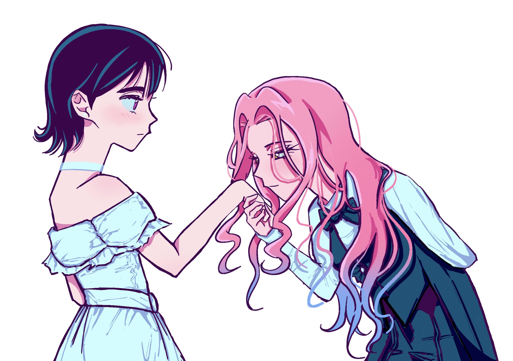 mizi (alien stage), sua (alien stage), alien stage, commentary, highres, 2girls, acy05050, alternate costume, arm behind back, black hair, blue hair, bow, bowtie, choker, collared shirt, dress, gradient hair, green bow, green bowtie, green vest, hand grab, long hair, long sleeves, multicolored hair, multiple girls, off-shoulder dress, off shoulder, pink hair, purple eyes, shirt, short hair, short sleeves, two-tone hair, vest, white choker, white dress, white shirt, yellow eyes, yuri