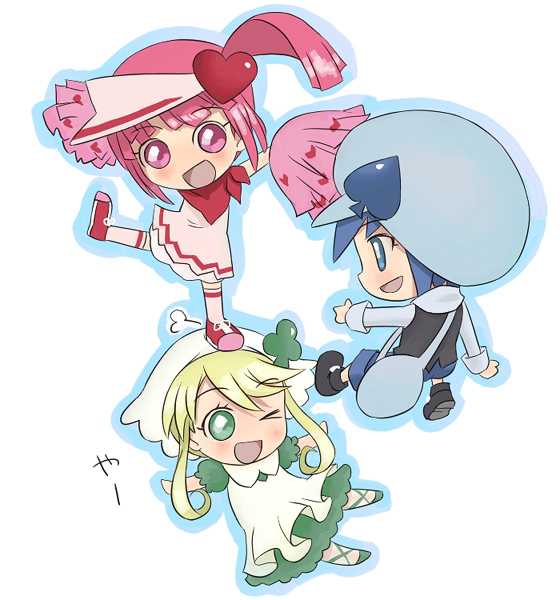 kumashiro, miki (shugo chara!), ran (shugo chara!), suu (shugo chara!), shugo chara!, 3girls, androgynous, apron, bag, blonde hair, blue eyes, blue hair, blush, chibi, club (weapon), dress, green eyes, hair ornament, hat, heart, heart hair ornament, hood, hoodie, kneehighs, messenger bag, multiple girls, neckerchief, one eye closed, open mouth, pink eyes, pink hair, pom pom (cheerleading), ribbon, shoes, shoulder bag, smile, socks, spade hair ornament, thighhighs, visor cap, weapon, white background, zettai ryouiki