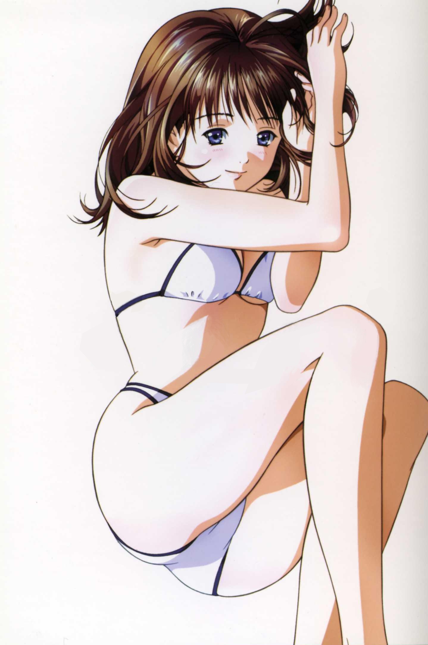katsura masakazu, yoshizuki iori, from i''s, i"s, highres, official art, 1girl, ass, bikini, blue eyes, blush, breasts, brown hair, cleavage, female focus, gradient background, lying, on side, short hair, small breasts, smile, solo, swimsuit, underboob, white bikini