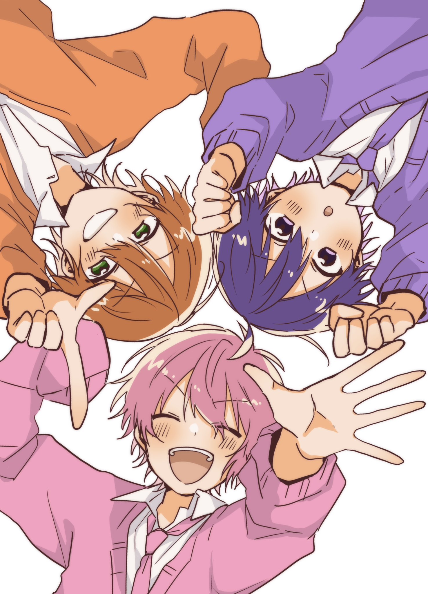 jel (stpri), nanamori (stpri), satomi (stpri), strawberry prince, commentary, highres, symbol-only commentary, 3boys, blush, clenched hands, closed eyes, green eyes, index finger raised, long sleeves, looking at viewer, male focus, multiple boys, necktie, open mouth, orange hair, orange shirt, outstretched arms, pink hair, pink necktie, pink shirt, purple eyes, purple hair, purple necktie, purple shirt, shirt, simple background, smile, uniuni12040427, white background