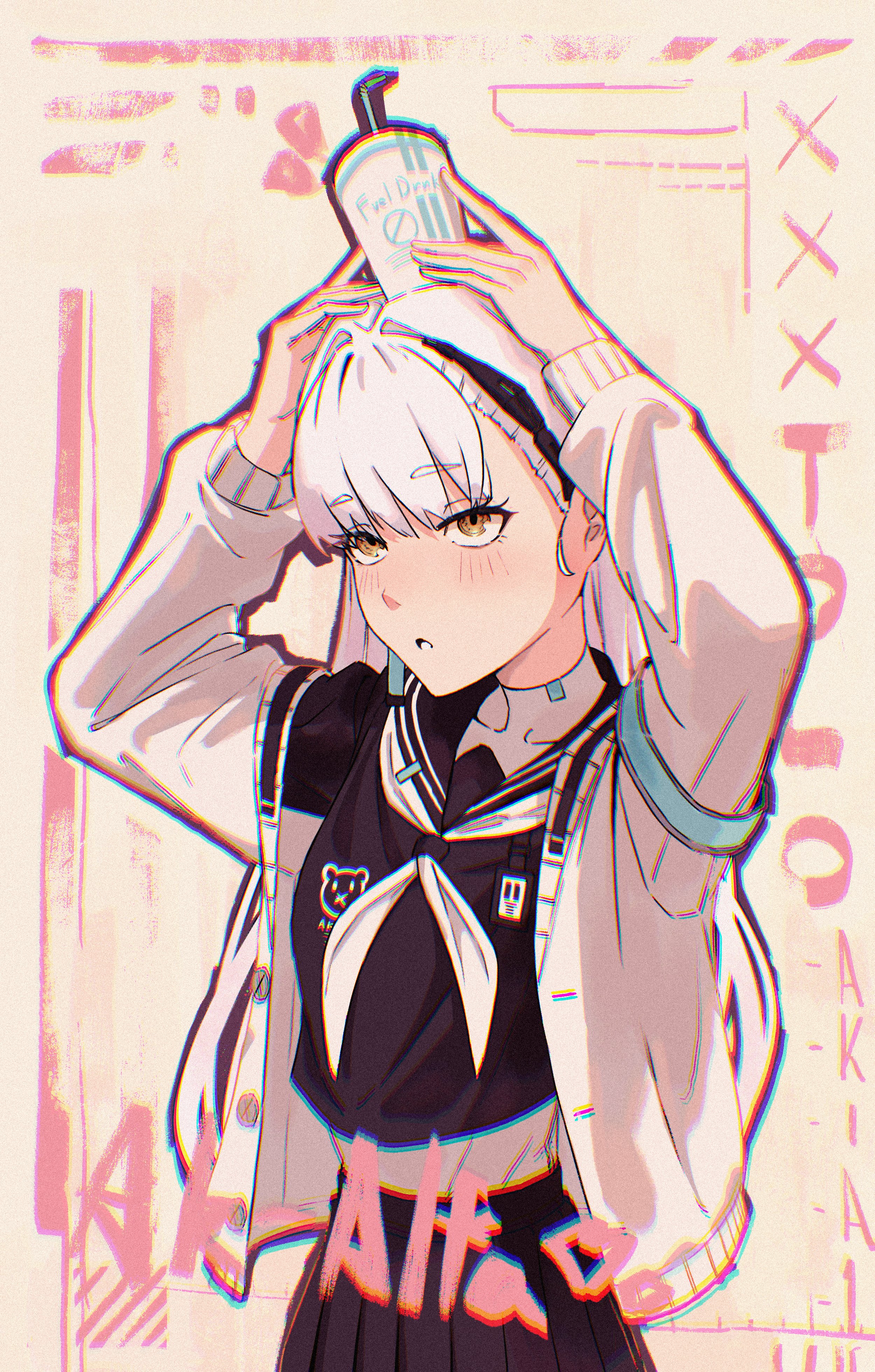 umano sora, ak-alfa (girls' frontline), tololo (girls' frontline 2), girls' frontline, girls' frontline 2: exilium, absurdres, commentary request, highres, 1girl, alternate costume, armband, black armband, black hairband, black sailor collar, black serafuku, black shirt, black skirt, blush, cardigan, character name, cup, cup on head, english text, feet out of frame, hairband, holding, holding cup, jacket, long hair, long sleeves, looking up, neckerchief, open cardigan, open clothes, open jacket, open mouth, plaid clothes, plaid skirt, sailor collar, school uniform, serafuku, shirt, skirt, solo, standing, upper body, white cardigan, white hair, white jacket, white neckerchief, yellow eyes