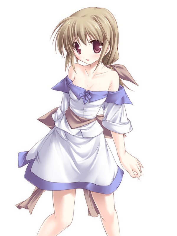 tenmaso, duplicate, 1girl, :d, bare shoulders, blonde hair, blush, bow, brown hair, detached sleeves, dress, female focus, flat chest, hair ribbon, long hair, looking at viewer, off shoulder, open mouth, ponytail, purple eyes, red eyes, ribbon, sash, simple background, skirt, sleeves rolled up, smile, solo, standing, strapless, strapless dress