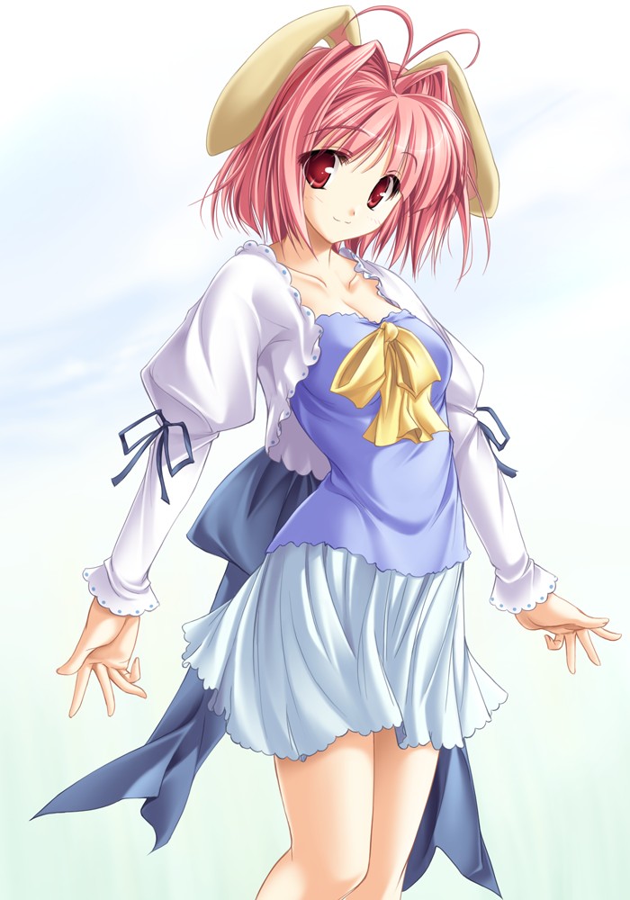 tenmaso, animal ears, bow, frills, pink hair, rabbit ears, red eyes, ribbon, shirt, skirt, smile, solo