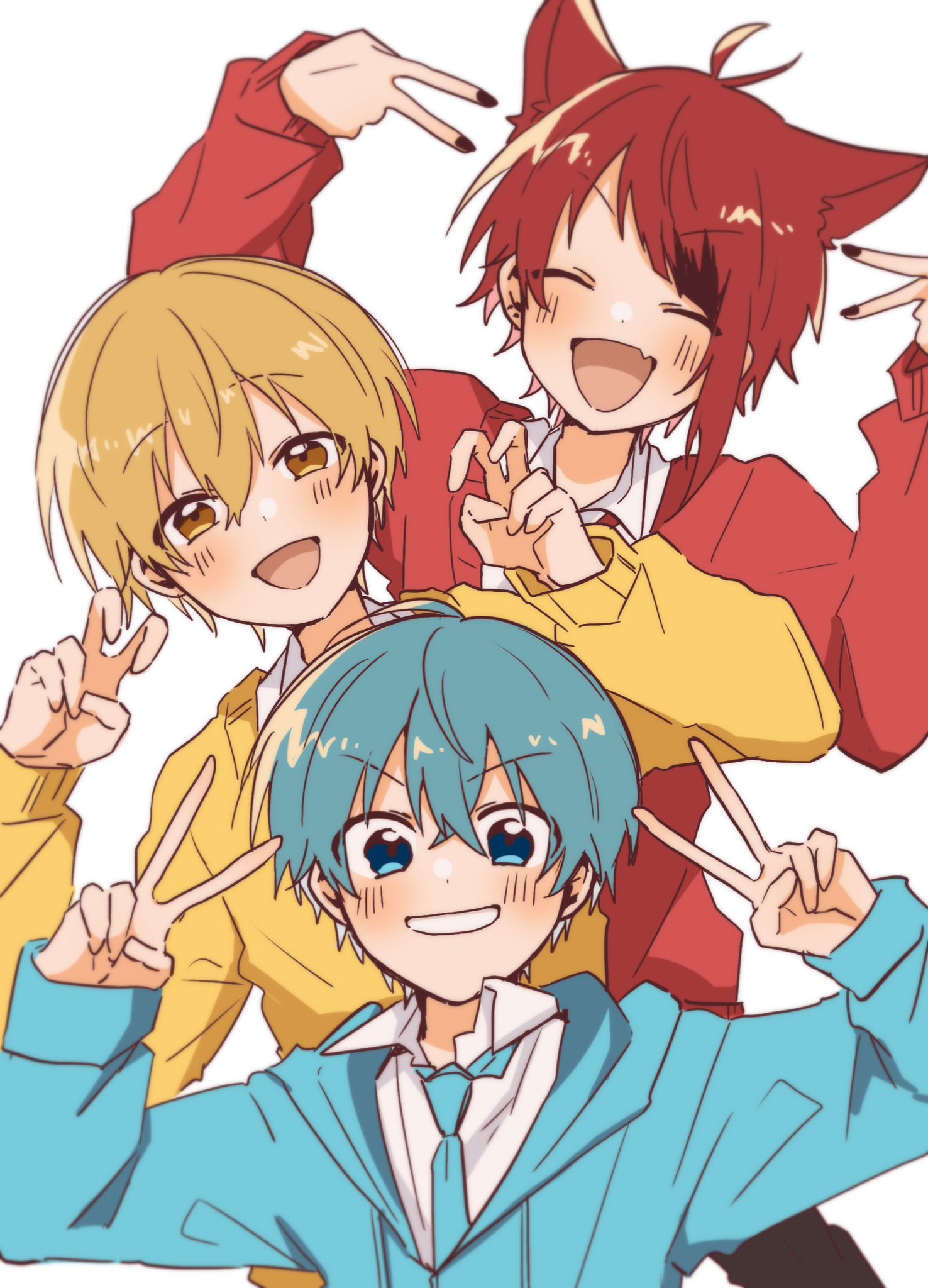 colon (stpri), rinu (stpri), root (stpri), strawberry prince, commentary, highres, symbol-only commentary, 3boys, animal ears, antenna hair, blonde hair, blue eyes, blue hair, blue jacket, blue necktie, blush, closed eyes, double v, hair between eyes, jacket, male focus, multiple boys, necktie, open mouth, red hair, red shirt, shirt, short hair, simple background, smile, uniuni12040427, upper body, v, white background, yellow eyes, yellow shirt