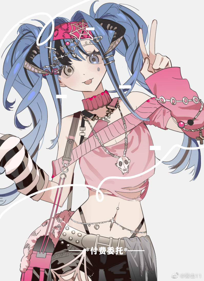original, 1girl, bag, bare shoulders, belt, black hair, blue eyes, blue hair, chain, chain necklace, collar, cowboy shot, hair intakes, hair ornament, hairband, heart, heterochromia, horns, jewelry, lanye11, long hair, long sleeves, looking at viewer, midriff, multicolored hair, navel, navel piercing, necklace, off shoulder, piercing, pink sweater, shoulder bag, simple background, skull necklace, sleeves past wrists, smile, solo, sweater, tongue, tongue out, twintails, v, white background, yellow eyes
