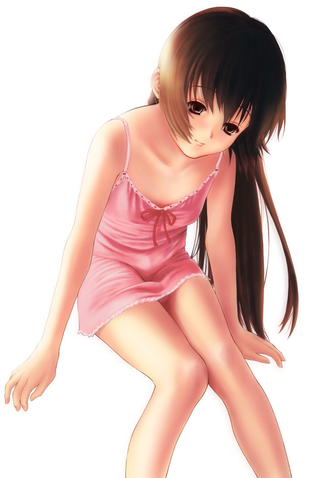 highres, tagme, brown eyes, brown hair, chemise, long hair, simple background, solo, white background