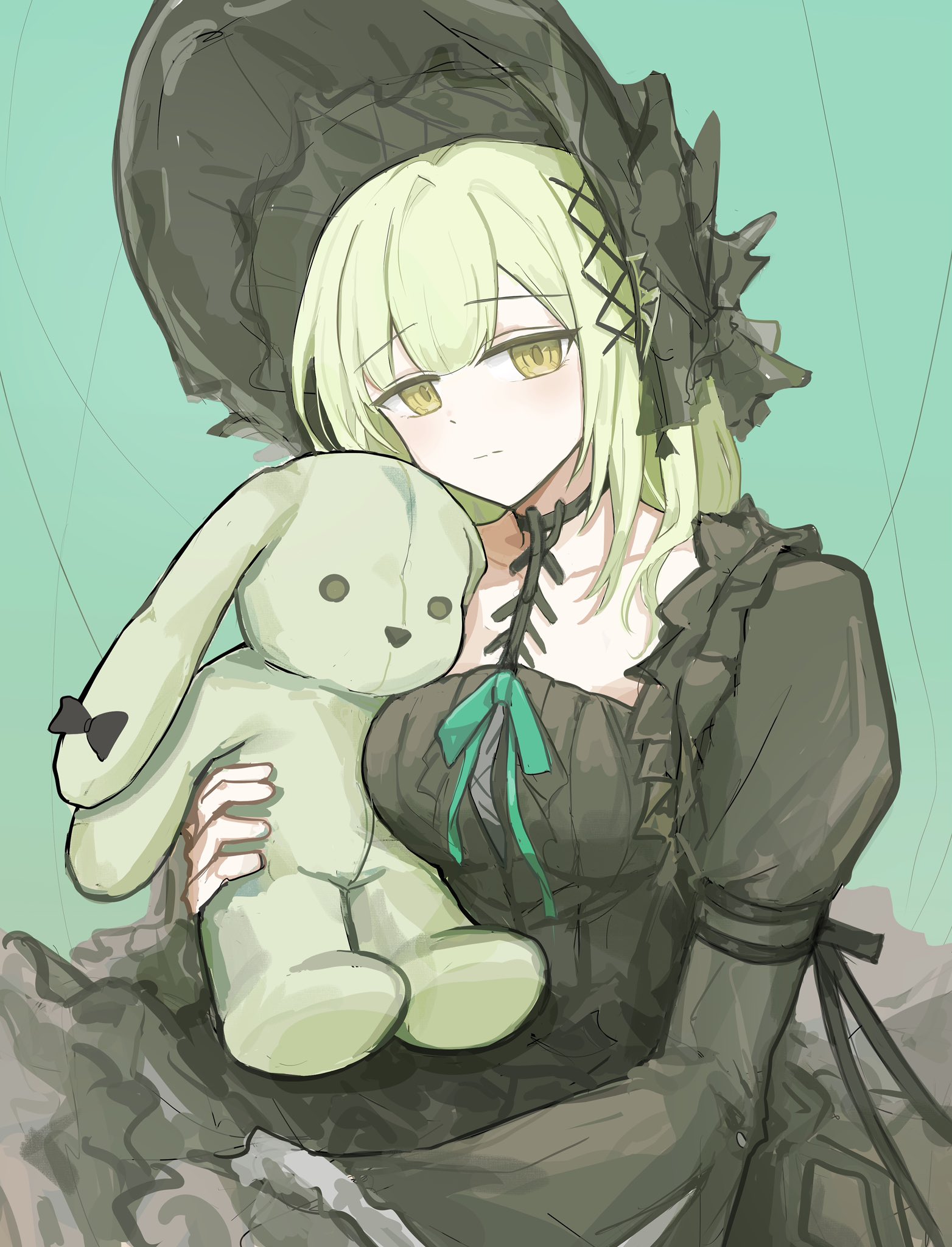wakaba mutsumi, arknights, bang dream!, bang dream! it's mygo!!!!!, commentary, hashtag-only commentary, highres, 1girl, black bonnet, black choker, black dress, blunt bangs, bonnet, breasts, choker, closed mouth, cowboy shot, dress, floppy ears, gothic lolita, green hair, green ribbon, hair ornament, holding, holding stuffed toy, large breasts, lolita fashion, long hair, long sleeves, looking at viewer, ribbon, sidelocks, simple background, sitting, solo, stuffed animal, stuffed rabbit, stuffed toy, wakaba mutsumi (marionette's id), x hair ornament, xing yu xue sano, yellow eyes