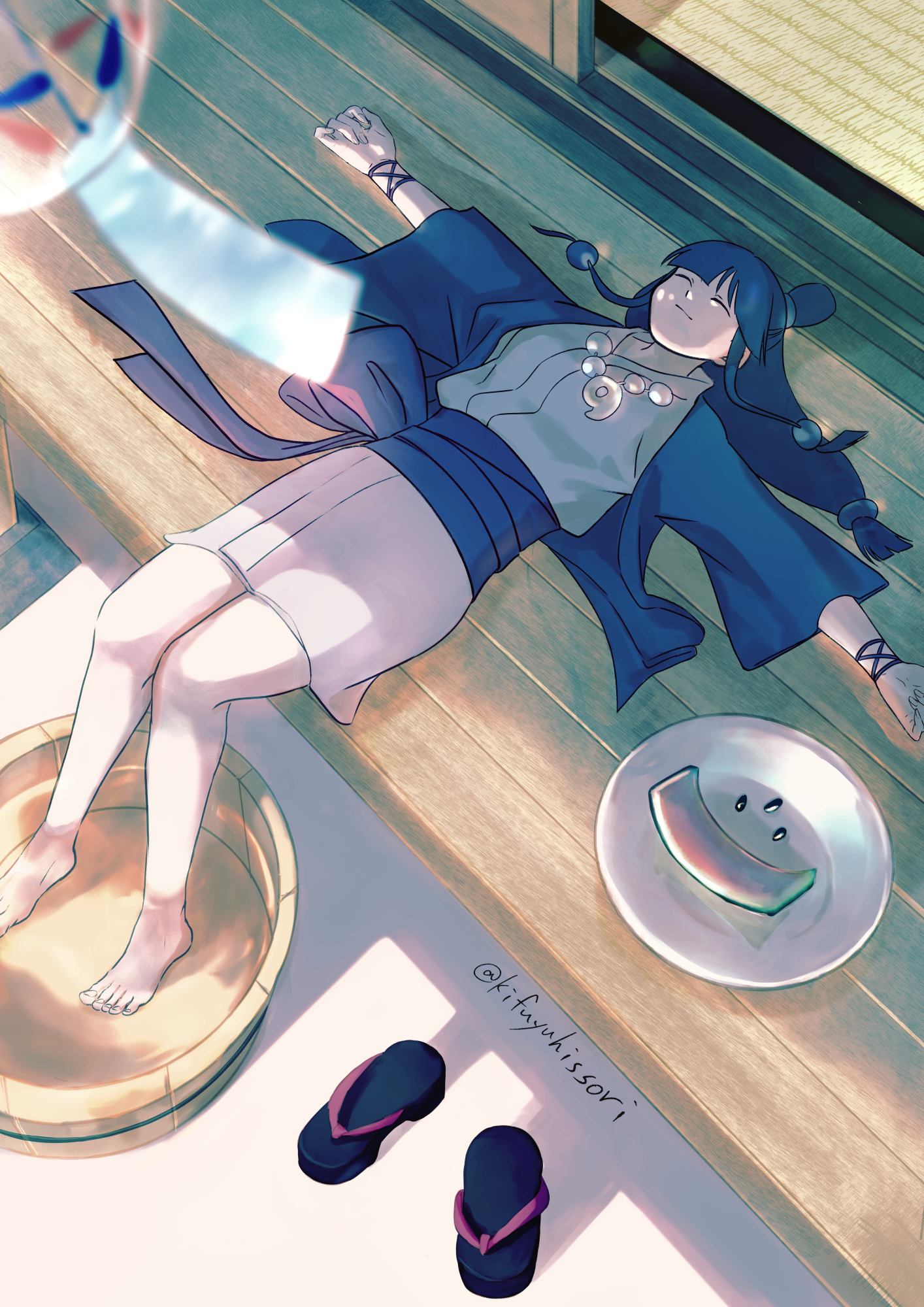 mochinokifuyu, maya fey, ace attorney, commentary, highres, 1girl, artist name, barefoot, black hair, black sandals, bracelet, closed eyes, closed mouth, feet, full body, hair ornament, japanese clothes, jewelry, kimono, light smile, long hair, low-tied long hair, low-tied sidelocks, lying, obi, on back, on floor, resting, sandals, sash, shoes, sidelocks, sleeveless, sleeveless kimono, soaking feet, solo, toes, twitter username, unworn shoes, wooden floor