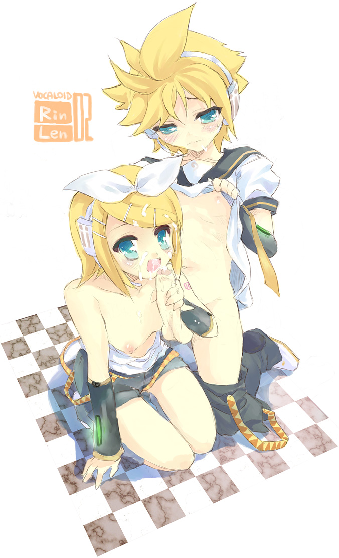 sacchi, kagamine len, kagamine rin, vocaloid, 1boy, 1girl, blonde hair, blue eyes, blush, bow, breasts, brother and sister, clothes lift, cum, cum on body, erection, facial, fellatio, foreskin, hair bow, handjob, headphones, hetero, incest, kneeling, nipples, open mouth, oral, penis, phimosis, pinky out, shirt lift, siblings, small breasts, testicles, thigh gap, twincest, twins, uncensored