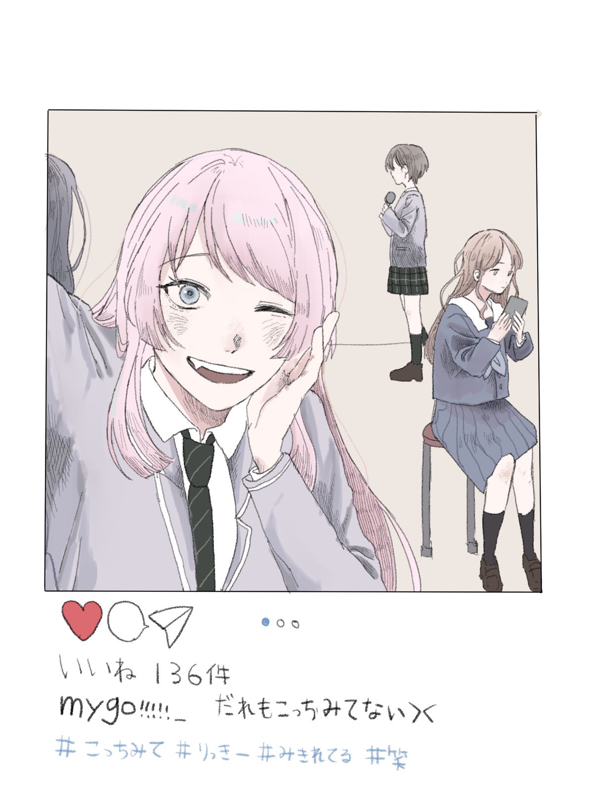 chihaya anon, nagasaki soyo, shiina taki, takamatsu tomori, bang dream!, bang dream! it's mygo!!!!!, instagram, commentary request, highres, translation request, 4girls, black socks, blazer, blue shirt, blue skirt, brown hair, cellphone, fang, green necktie, green skirt, grey eyes, grey hair, grey jacket, haneoka school uniform, holding, holding microphone, holding phone, jacket, long hair, microphone, multiple girls, necktie, one eye closed, open mouth, osakanano fly, phone, pink hair, plaid clothes, plaid skirt, pleated skirt, school uniform, selfie, shirt, short hair, skirt, smartphone, smile, socks, tsukinomori school uniform