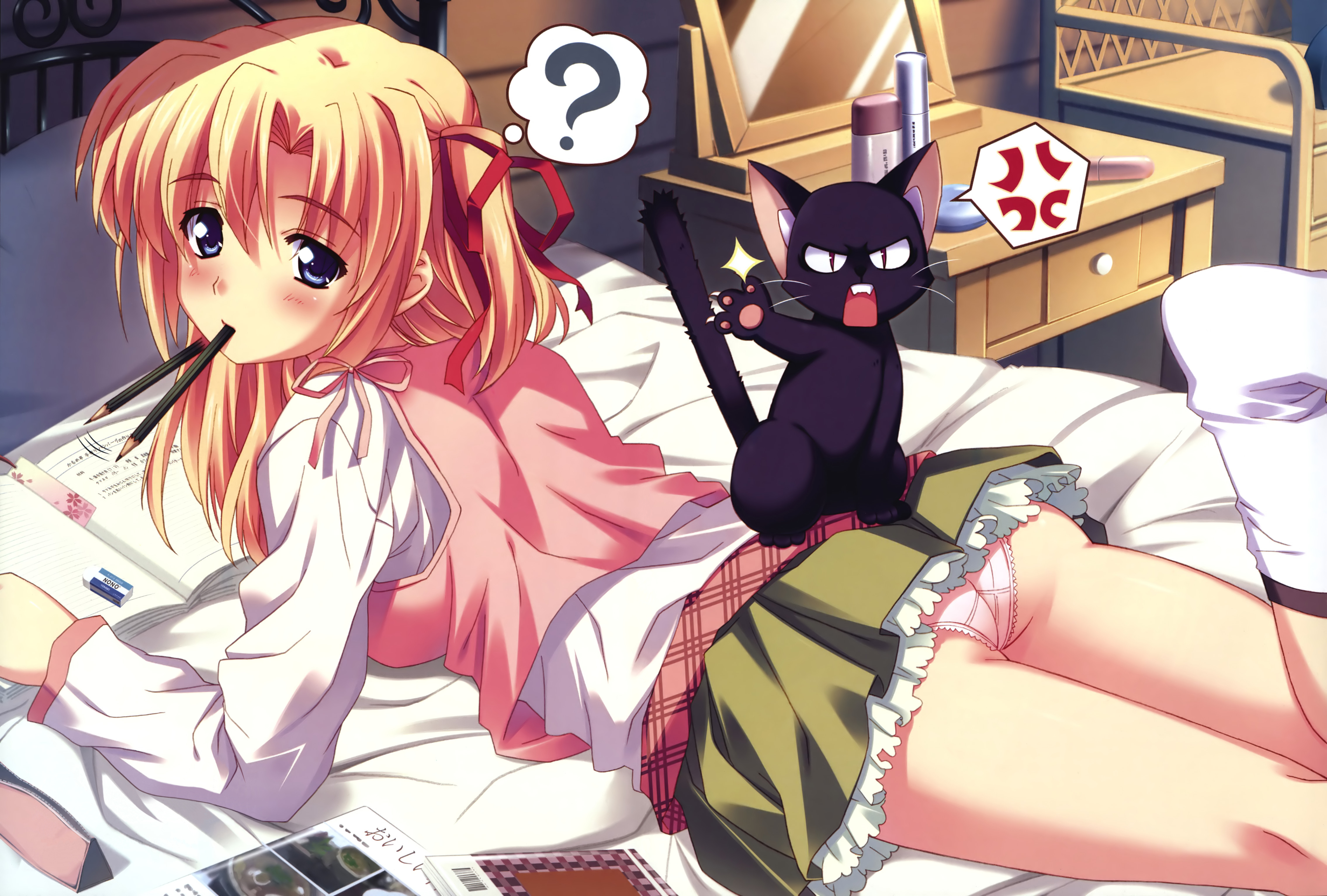 kusukusu, marie rudel, sakura strasse, absurdres, highres, 1girl, ?, anger vein, angry, arm support, bed, blonde hair, bookmark, cat, claws, eraser, female focus, long hair, lying, mirror, mouth hold, on bed, panties, pantyshot, pencil, pink panties, skirt, solo, spoken anger vein, underwear, upskirt
