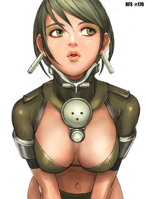 ryu (ryu's form site), 1girl, breasts, cleavage, female focus, green hair, large breasts, short hair, simple background, solo, white background