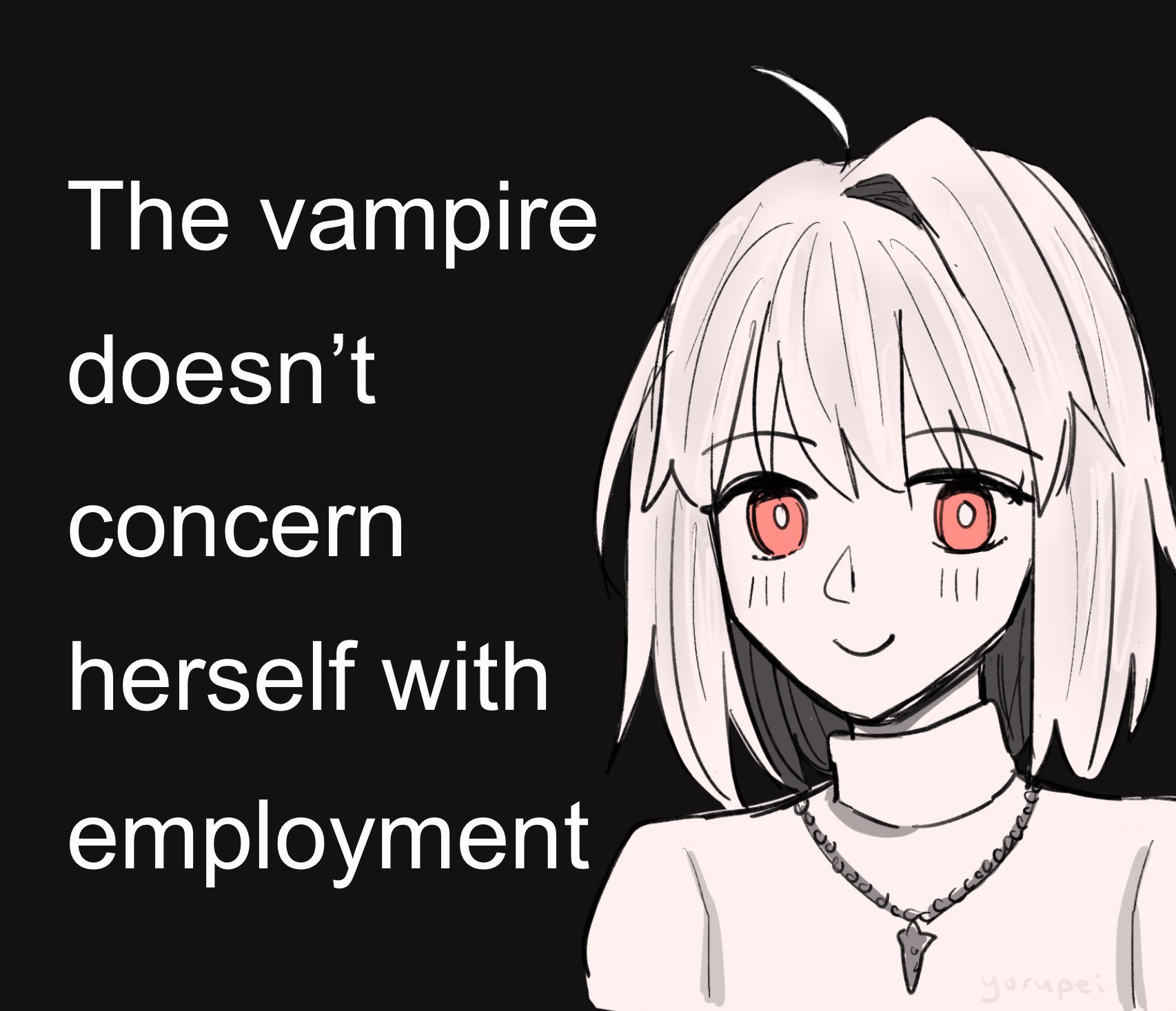 arcueid brunestud, tsukihime, tsukihime (remake), highres, 1girl, ahoge, black background, blonde hair, blush, english text, happy, jewelry, looking at viewer, meme, necklace, profile, red eyes, short hair, smile, sweater, the lion (meme), vampire, white sweater, yorupei