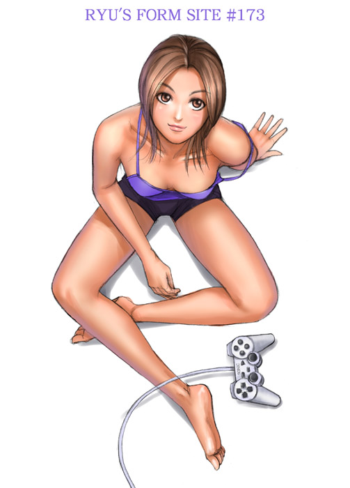 ryu (ryu's form site), original, 1girl, arm support, barefoot, breasts, brown eyes, brown hair, cleavage, controller, crossed legs, downblouse, dualshock, feet, female focus, from above, game console, game controller, gamepad, indian style, large breasts, legs, lips, long legs, looking up, playstation controller, shorts, sitting, smile, solo, strap slip, toes