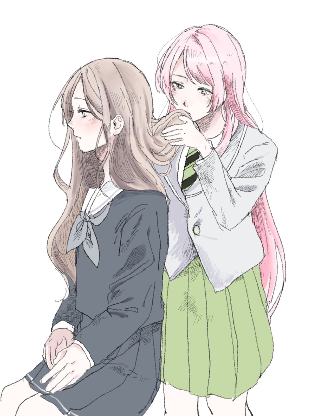 chihaya anon, nagasaki soyo, bang dream!, bang dream! it's mygo!!!!!, commentary request, highres, 2girls, black shirt, black skirt, blazer, blue eyes, blush, brown hair, green necktie, green skirt, grey eyes, grey jacket, grey neckerchief, hand in another's hair, jacket, kissing hair, long hair, long sleeves, multiple girls, neckerchief, necktie, osakanano fly, pink hair, pleated skirt, sailor collar, school uniform, shirt, simple background, skirt, tsukinomori school uniform, white background, white sailor collar, yuri