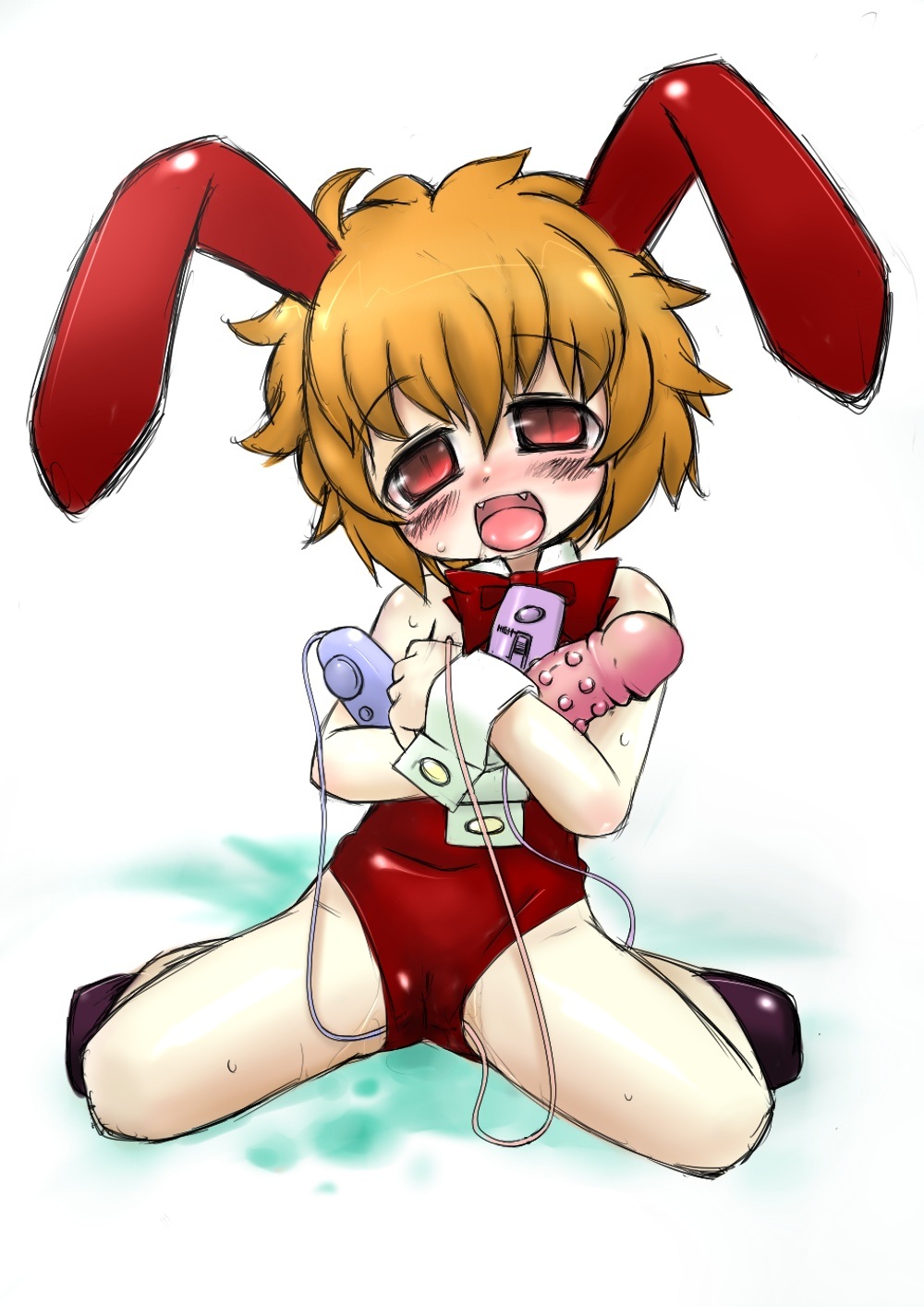 miter, rami (miter), original, highres, 1girl, animal ears, bare legs, blush, bow, bowtie, cameltoe, dildo, fake animal ears, female focus, leotard, loli, naughty face, open mouth, playboy bunny, pussy juice, rabbit ears, red eyes, red leotard, sex toy, sitting, solo, sweat, vibrator, wariza, white background, wrist cuffs