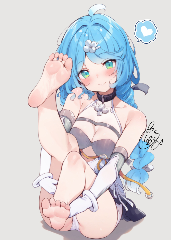 beni shake, seed (zenless zone zero), zenless zone zero, 1girl, ahoge, bare shoulders, barefoot, blue eyes, blue hair, blush, decorations, detached sleeves, gloves, hair ornament, hair ribbon, hairpin, heart, looking at viewer, mole, mole on shoulder, ribbon, see-through dress layer, signature, sitting, smile, solo, thighs, white background, white gloves