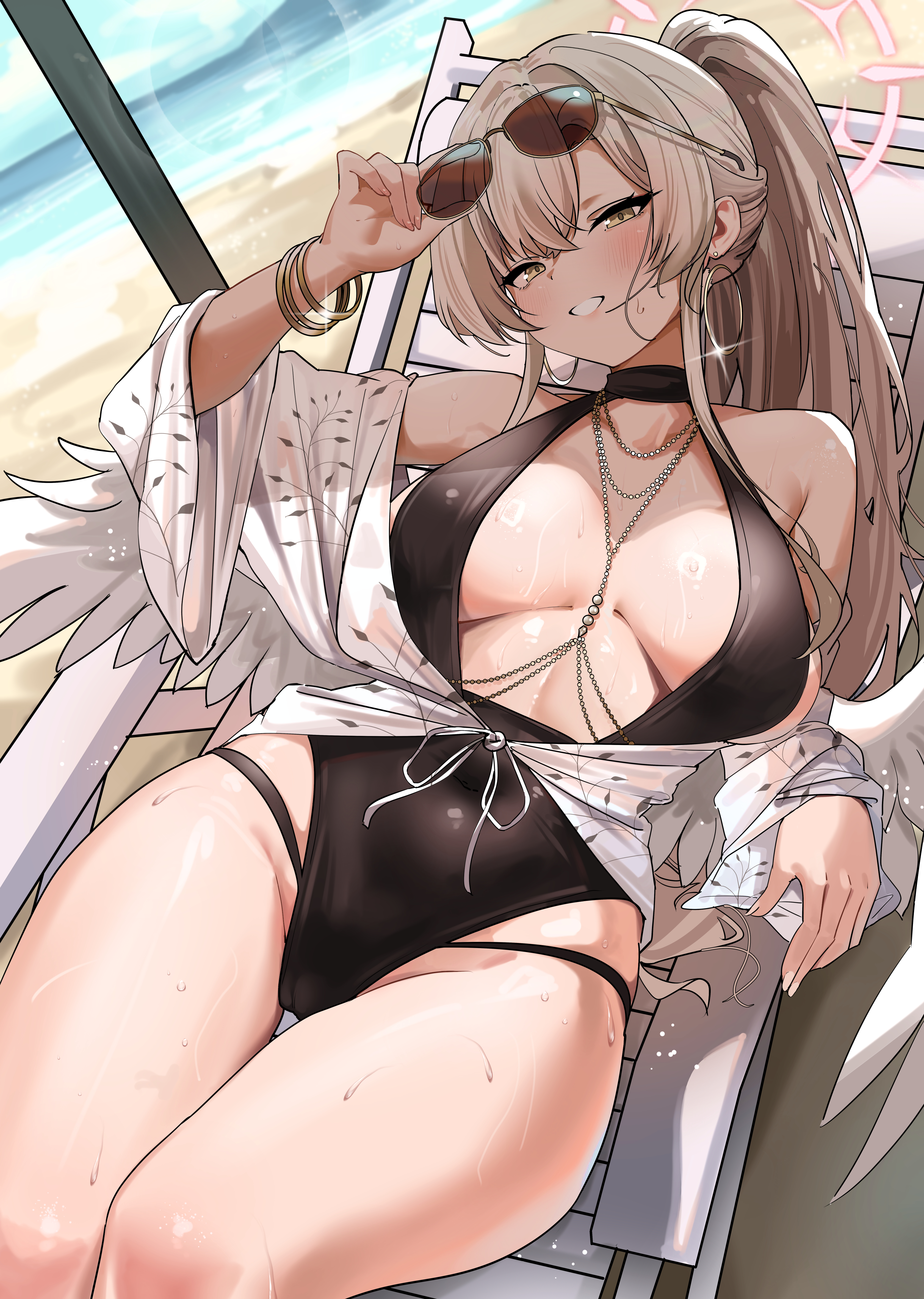 haixingren, nagisa (blue archive), nagisa (swimsuit) (blue archive), blue archive, absurdres, commentary request, highres, 1girl, beach, black one-piece swimsuit, blonde hair, blush, bracelet, breasts, breasts apart, brown-tinted eyewear, chair, covered navel, cowboy shot, earrings, eyewear on head, fingernails, grin, halo, highleg, highleg one-piece swimsuit, hoop earrings, jewelry, large breasts, long hair, looking at viewer, lounge chair, low wings, lying, official alternate costume, one-piece swimsuit, outdoors, ponytail, sand, shadow, smile, solo, swimsuit, teeth, tinted eyewear, wet, white wings, wings, yellow eyes