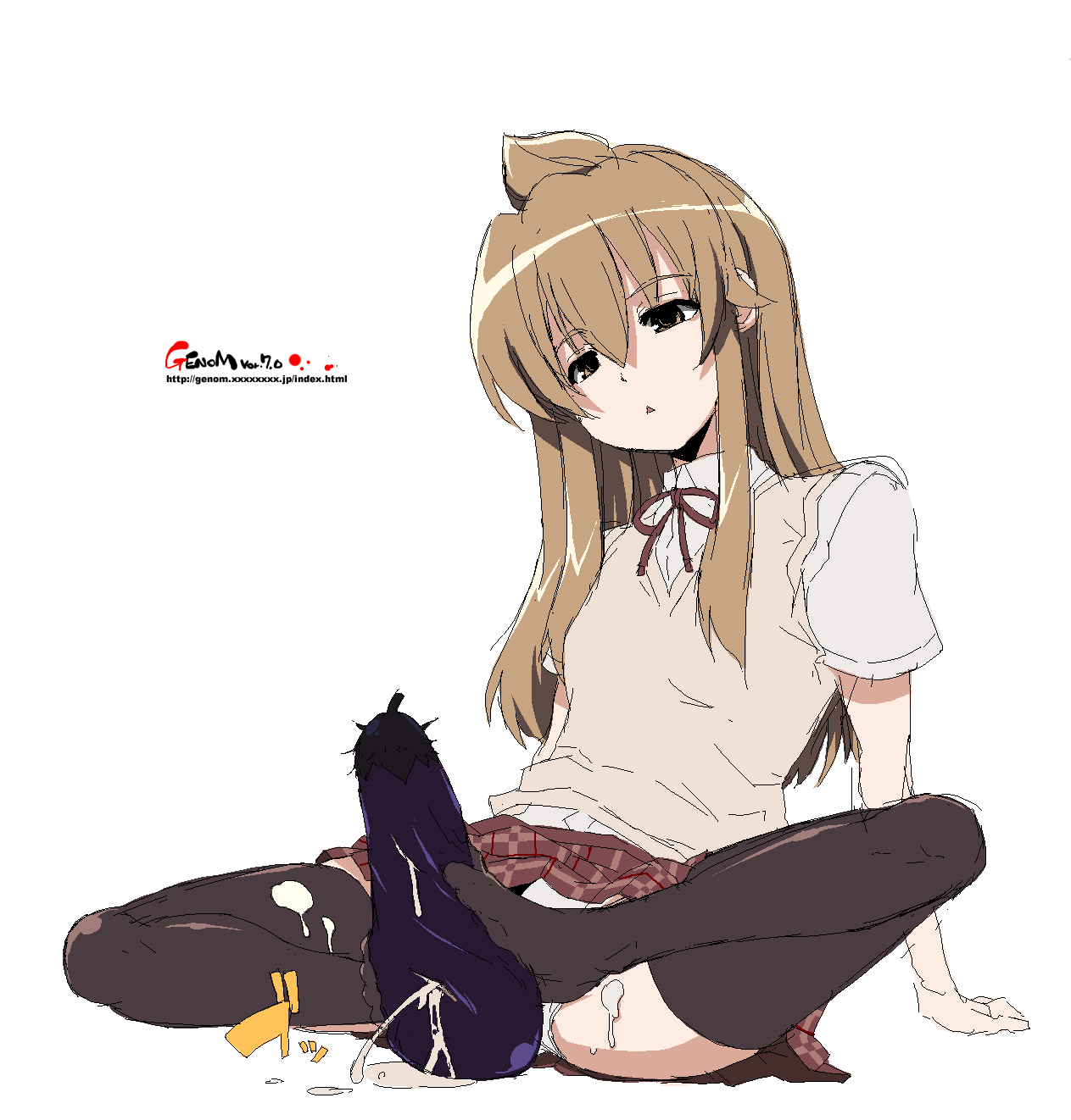onija tarou, minami chiaki, minami-ke, highres, 00s, 1girl, ahoge, brown hair, cum, eggplant, feet, female focus, footjob, juice, long hair, oekaki, school uniform, serafuku, sexually suggestive, solo, suggestive fluid, sweater vest, thighhighs, vest