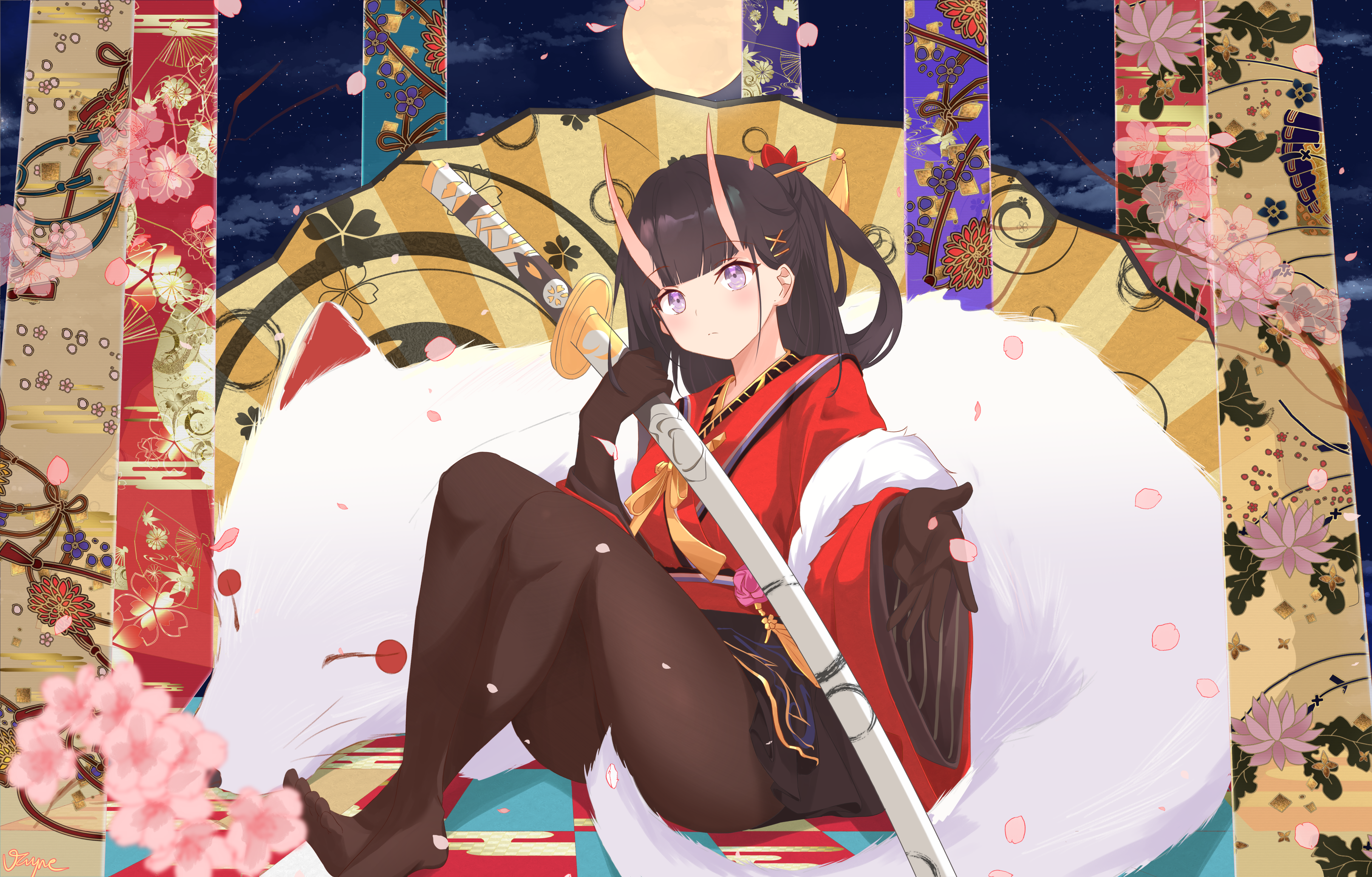 vayneeeee, noshiro (azur lane), noshiro (uncharted festival grounds?) (azur lane), azur lane, absurdres, commentary, english commentary, highres, 1girl, black skirt, brown gloves, brown pantyhose, floral print, fox, full moon, fur-trimmed kimono, fur trim, gloves, hair ornament, hairclip, holding, holding sword, holding weapon, japanese clothes, katana, kimono, looking at viewer, moon, night, night sky, official alternate costume, pantyhose, pink petals, purple eyes, red kimono, sheath, sheathed, skirt, sky, solo, sword, weapon, wide sleeves, x hair ornament