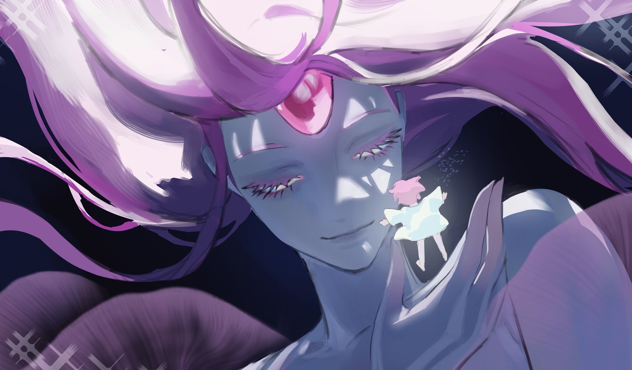 mizi (alien stage), alien stage, commentary, derivative work, english commentary, highres, 2girls, closed mouth, colored eyelashes, dress, floating hair, forehead jewel, giant, giantess, humanization, hyunmi (pathtoanal), multiple girls, pink hair, shine (alien stage), white dress