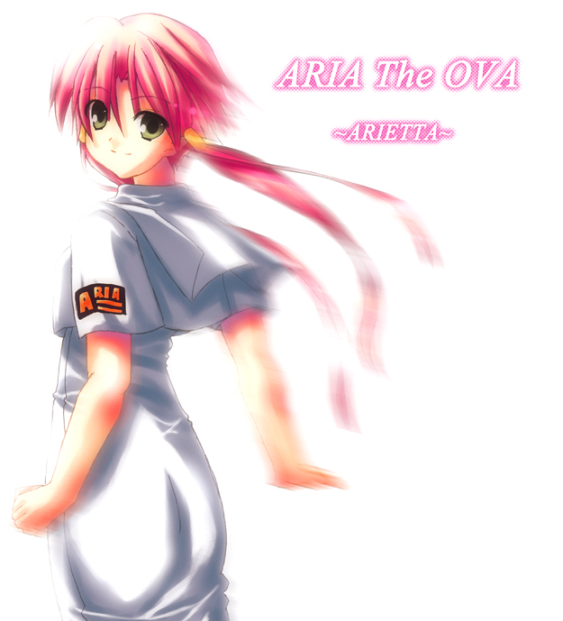 mizunashi akari, aria (manga), 00s, 1girl, arms at sides, blouse, blush, emblem, female focus, from behind, green eyes, looking at viewer, looking back, pink hair, shirt, short hair with long locks, short sleeves, simple background, solo, white background, white shirt