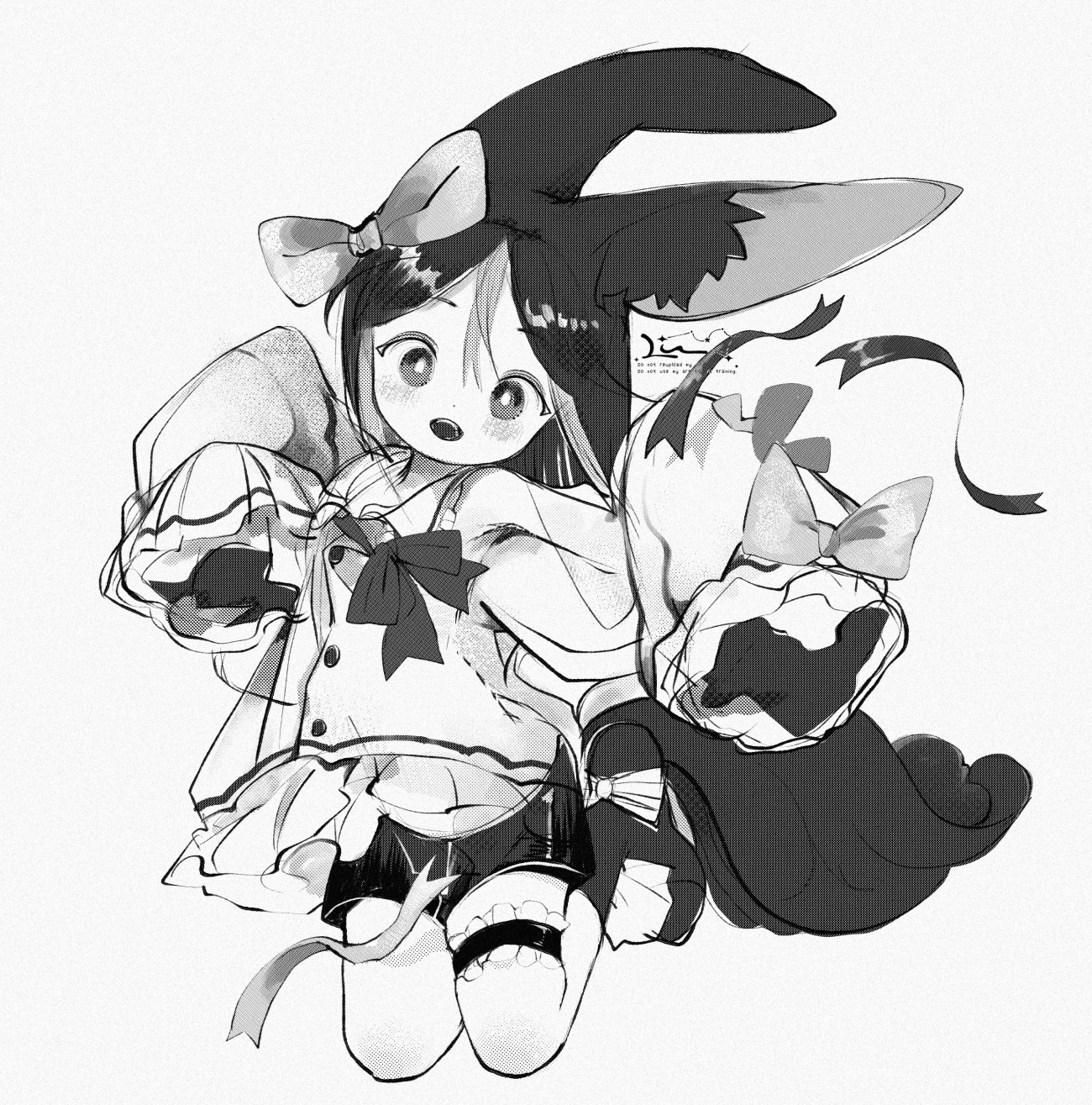 li04r, tighnari (genshin impact), genshin impact, commentary, hashtag-only commentary, highres, 1boy, animal ear fluff, animal ears, bow, frilled thigh strap, greyscale, hair bow, jumping, long sleeves, looking at viewer, male focus, midriff, monochrome, multicolored hair, neck ribbon, open mouth, parted bangs, ribbon, shorts, simple background, sleeves past fingers, sleeves past wrists, smile, solo, streaked hair, teeth, thigh strap, upper teeth only, white background