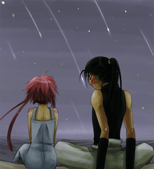 kagura (anomalo-anima), izumo akatsuki, mizunashi akari, aria (manga), 00s, alternate costume, black hair, blush, night, pink hair, ponytail, shooting star, short hair with long locks, sitting, star (sky), star (symbol)