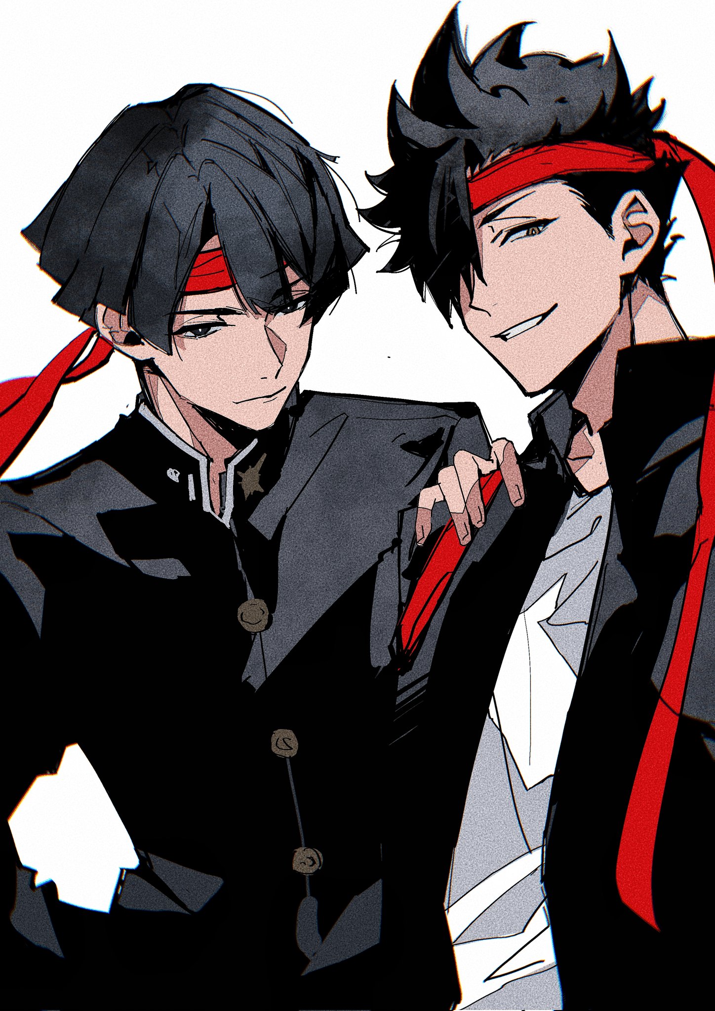 c138300, kazuma asogi, kuroo tetsurou, ace attorney, haikyuu!!, the great ace attorney, highres, 2boys, black hair, black jacket, brown eyes, buttons, closed mouth, collared jacket, crossover, gakuran, hair over one eye, hand on another's shoulder, headband, jacket, long sleeves, looking to the side, male focus, multiple boys, one eye covered, open clothes, open jacket, parted bangs, popped collar, red headband, school uniform, shirt, short sideburns, sideways glance, simple background, smile, teeth, white background, white shirt