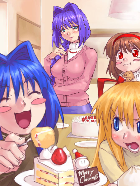 zen, minase akiko, minase nayuki, sawatari makoto, tsukimiya ayu, kanon, 4girls, blue eyes, blush, blush stickers, cake, cake slice, closed eyes, eating, english text, food, fruit, hair intakes, hat, merry christmas, multiple girls, oekaki, open mouth, pastry, plate, red eyes, santa hat, snowman, steamed bun, strawberry, strawberry shortcake, taiyaki, wagashi
