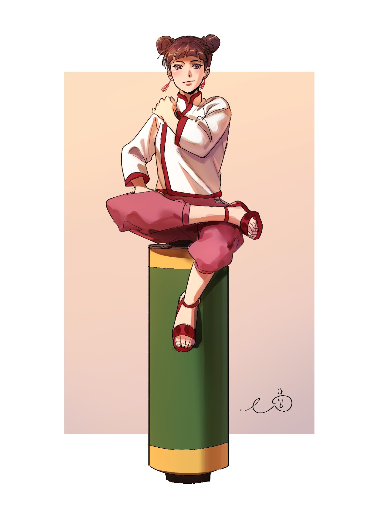 may c, tenten (naruto), boruto: naruto next generations, naruto (series), commentary, highres, symbol-only commentary, 1girl, blunt bangs, brown eyes, brown hair, chinese clothes, crossed legs, double bun, earrings, full body, hair bun, hand on own hip, jewelry, light smile, pants, red pants, sandals, signature, sitting, solo